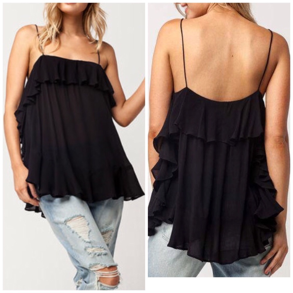 Free People Woven Cascade Ruffle Black Cami